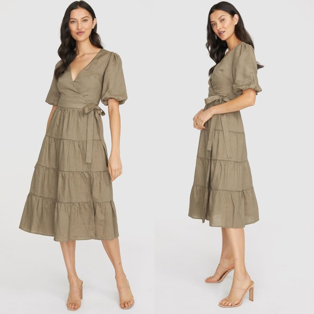 We Are Kindred Madeline Linen Wrap Dress in Olive